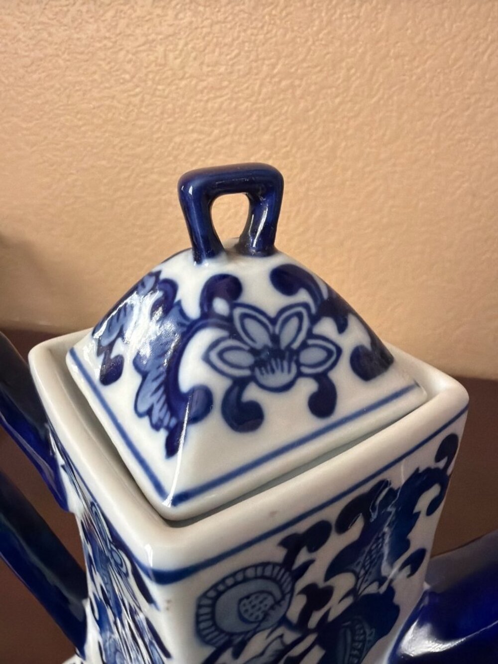 Vintage Blue White Ceramic Teapot Chinoiserie Floral Square Decor 9.5" - Picture 7 of 12